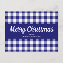 Blå Gingham Plaid Script God Jul