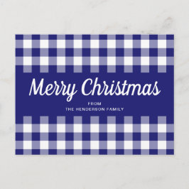 Blå Gingham Plaid Script God Jul Vykort