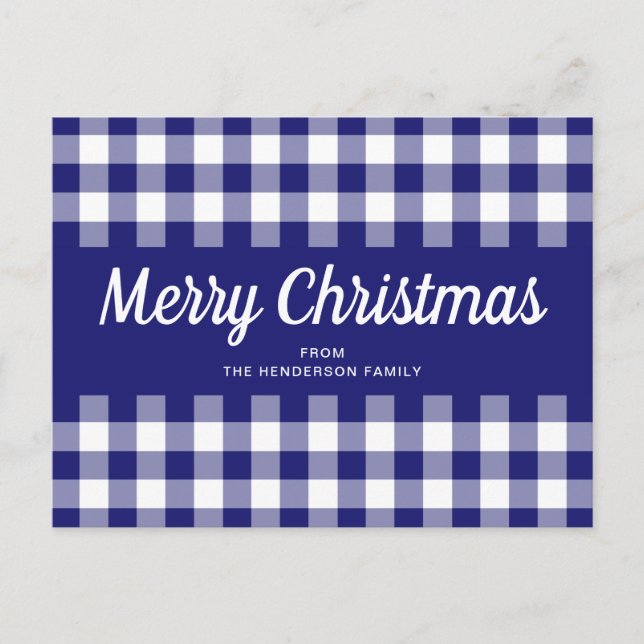 Blå Gingham Plaid Script God Jul Vykort (Framsida)