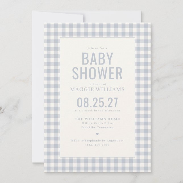 Blå Gingham Pojk Babyshower Inbjudningar (Framsida)