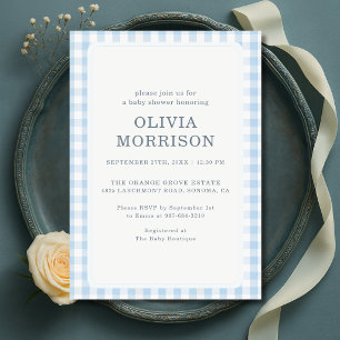 Blå Gingham Pojke Baby Shower Inbjudningar