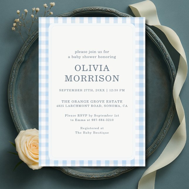 Blå Gingham Pojke Baby Shower Inbjudningar (Skapare uppladdad)
