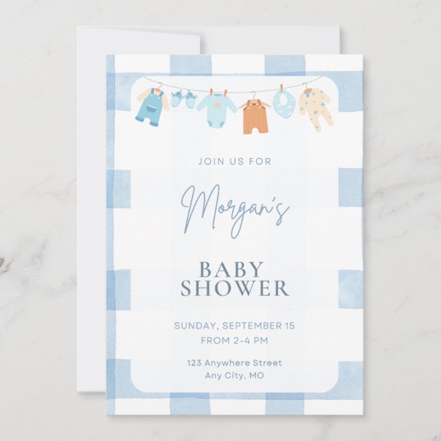 Blå Gingham Pojke Babykalas Klädlinje Inbjudan (Framsida)