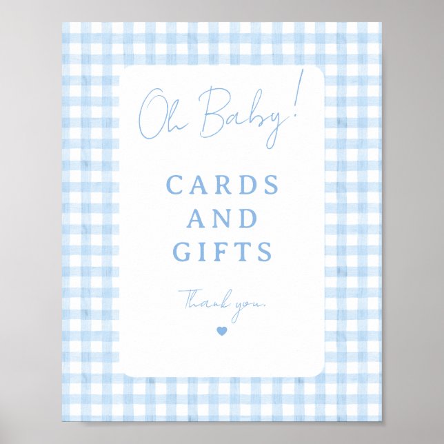 Blå Gingham Pojke Barnkalas Bordsskylt Poster (Framsidan)