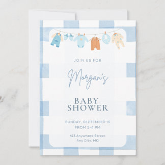 Blå Gingham Pojke Bebis Shower Inbjudan