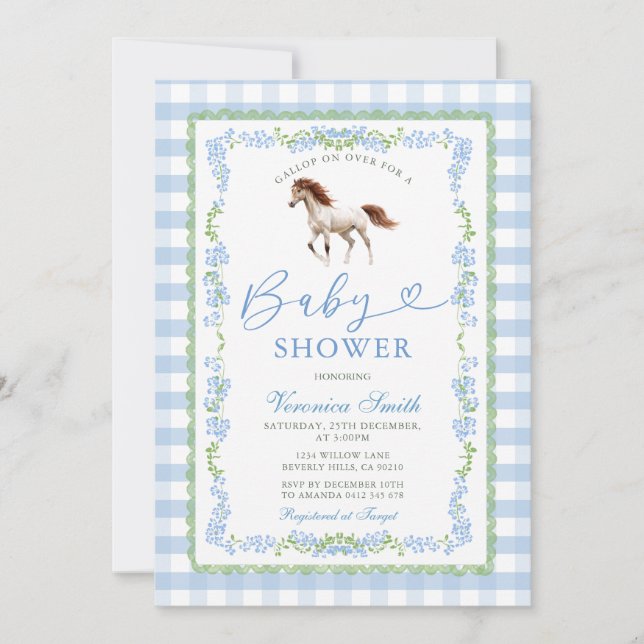 Blå Gingham Ponny Bebis Shower Inbjudan (Framsida)