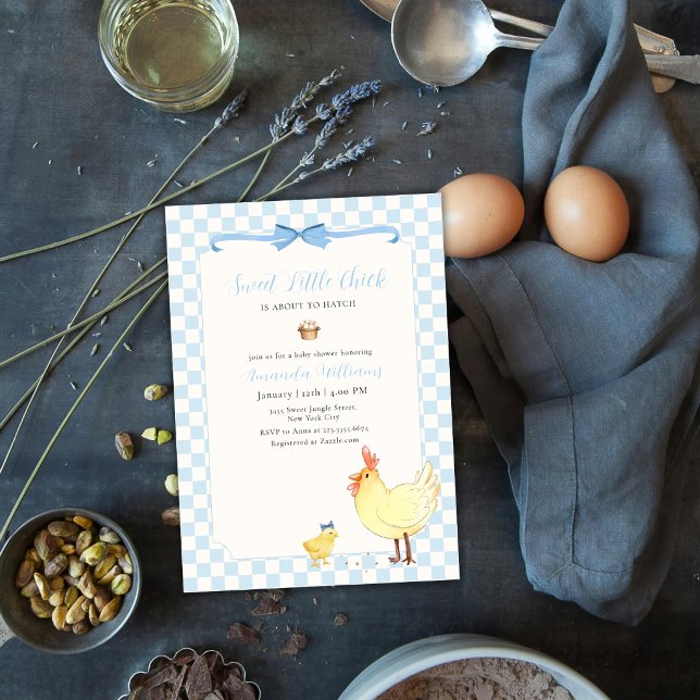 Blå Gingham Priddy Liten Chick Bebis Shower Inbjudningar (Blue Gingham Preppy Little Chick Baby Shower Invitation)