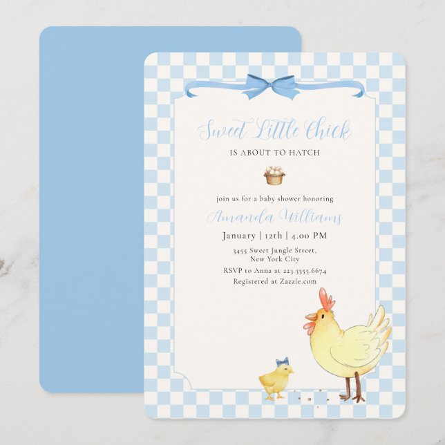Blå Gingham Priddy Liten Chick Bebis Shower Inbjudningar (Fram/baksida)