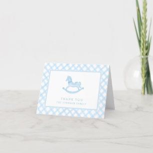 Blå Gingham Rocking Horse Baby - tack, ditt kort