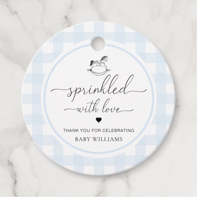 Blå gingham Rocking Hose Sprinkled with Kärlek Gåvor Etiketter (Framsida)