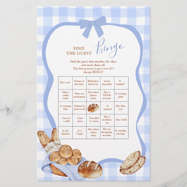 Blå Gingham Rutig Bakelse Hitta Gästen Bingo (Framsida)
