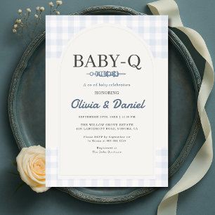 Blå Gingham Rutig BBQ Baby-Q Bebis Shower Inbjudningar