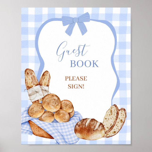 Blå Gingham Rutig Bröd Gästbok Festskylt Poster (Framsidan)
