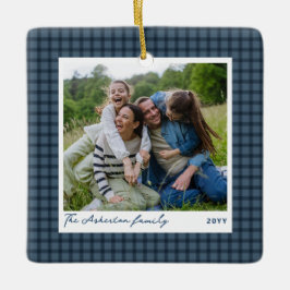 Blå gingham-rutig enkel semester pläd foto julgransprydnad keramik
