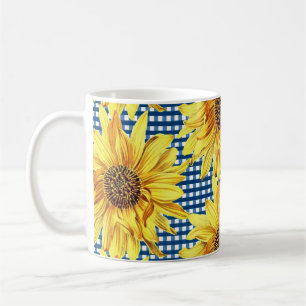 Blå Gingham-rutig med solrosor Kaffemugg