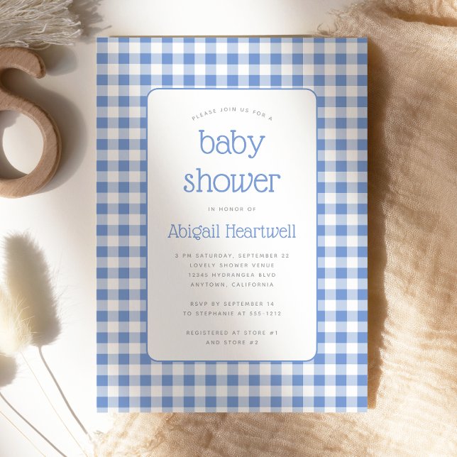 Blå Gingham Rutig Pojke Baby Shower Inbjudningar (Skapare uppladdad)