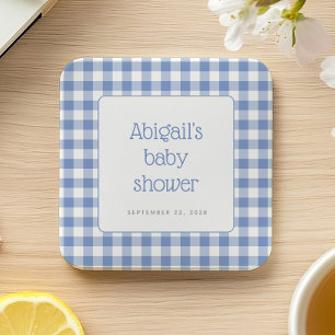 Blå Gingham-rutig Rustik Pojk Babyshower Underlägg Papper Kvadrat