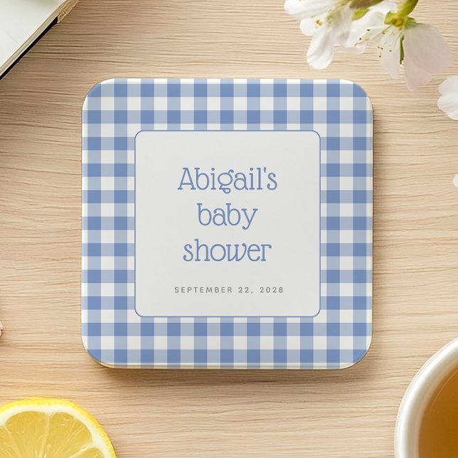 Blå Gingham-rutig Rustik Pojk Babyshower Underlägg Papper Kvadrat (Skapare uppladdad)