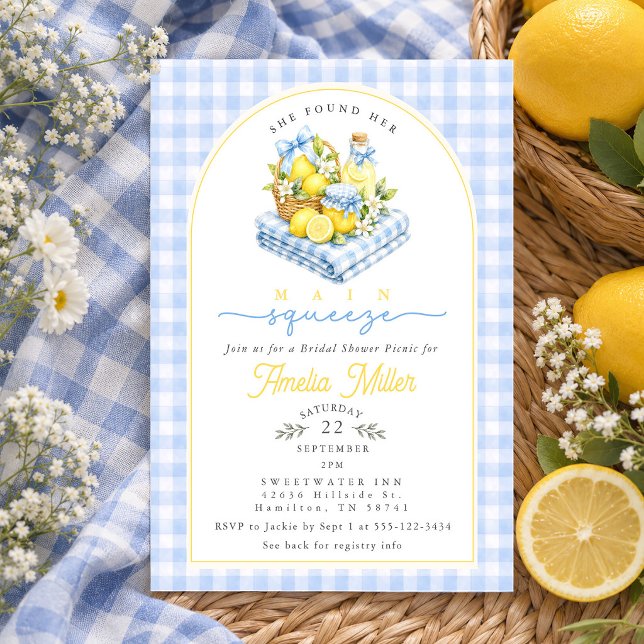 Blå Gingham-slöja Citron Picknick Bröllopsdusch Inbjudningar (Blue Gingham Bow Lemon Picnic Bridal Shower Invitation)