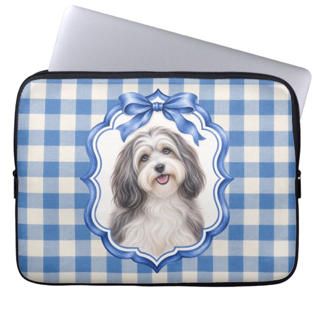 Blå Gingham Snygg Havanesiskt Hund Datorfodral (Framsidan)