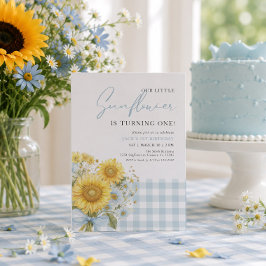 Blå Gingham Solros 1-årsfest Inbjudningar