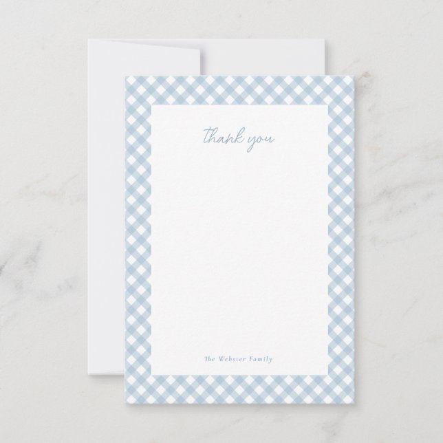 Blå gingham söt personlig baby shower tack kort (Framsida)