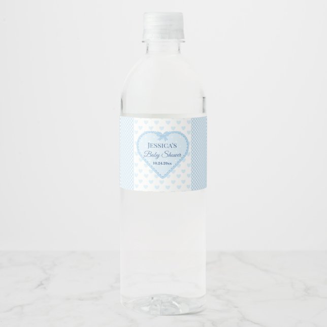 Blå Gingham Spets Hjärtformad Pojk Bebis Shower Vattenflaskor Etikett (Framsida)