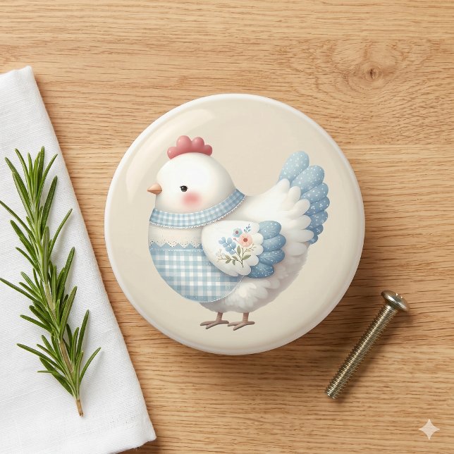 Blå Gingham Stuga Höna Knopp (Blue Gingham Cottage Hen Ceramic Knob)
