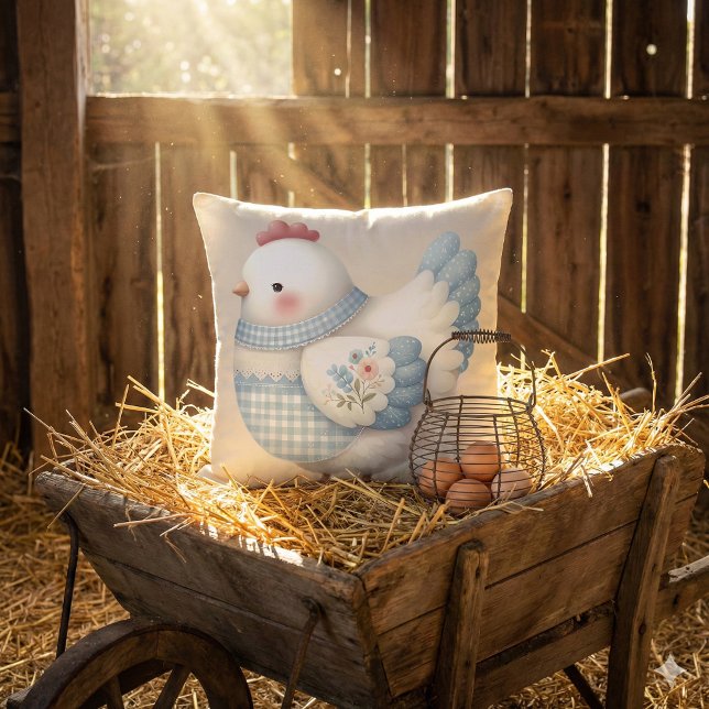 Blå Gingham Stuga Höna Kudde (Blue Gingham Cottage Hen Throw Pillow Mockup C)