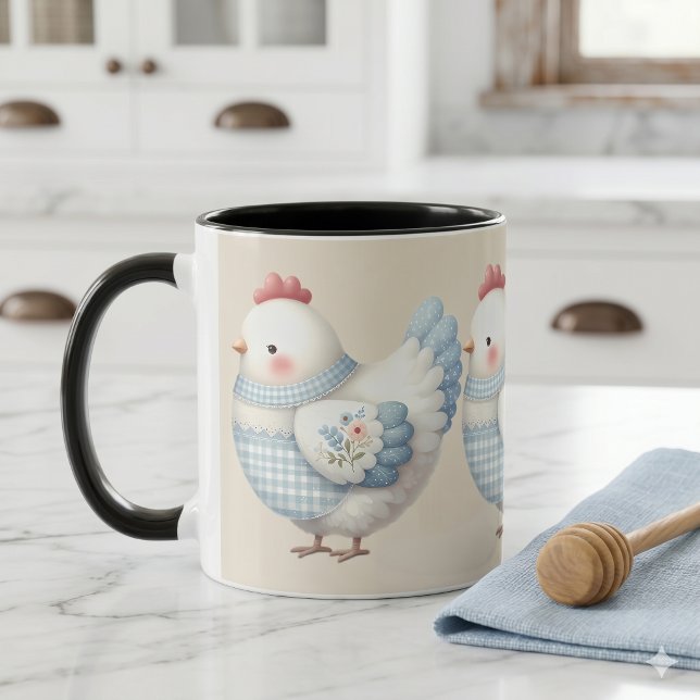 Blå Gingham Stuga Höna Mugg (Blue Gingham Cottage Hen Mug)
