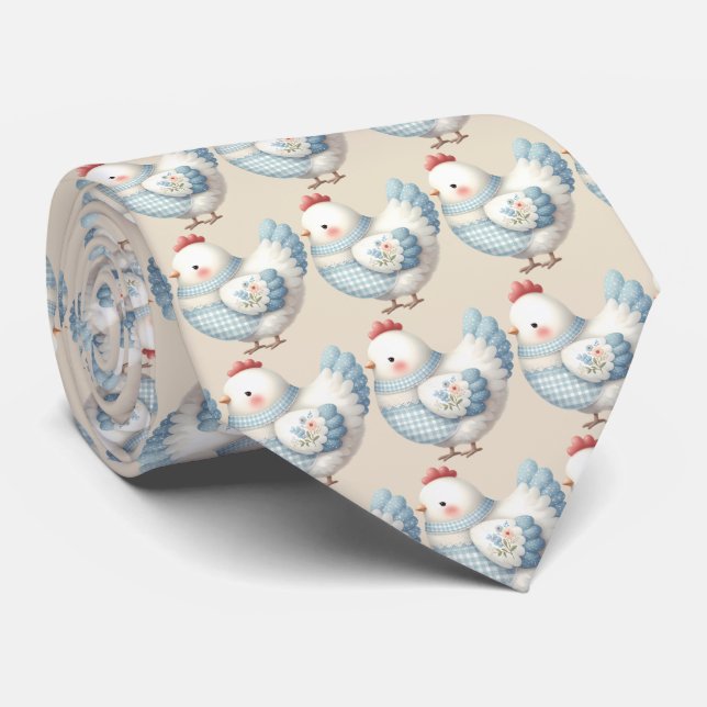 Blå Gingham Stuga Höna Slips (Rullad)