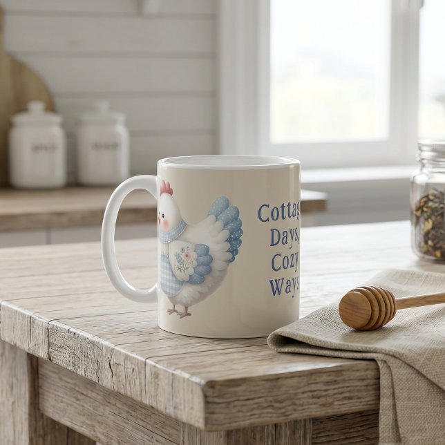 Blå Gingham Stuga Höns Mysiga Sätt Kaffemugg (Blue Gingham Cottage Hen Cozy Ways Coffee Mug)
