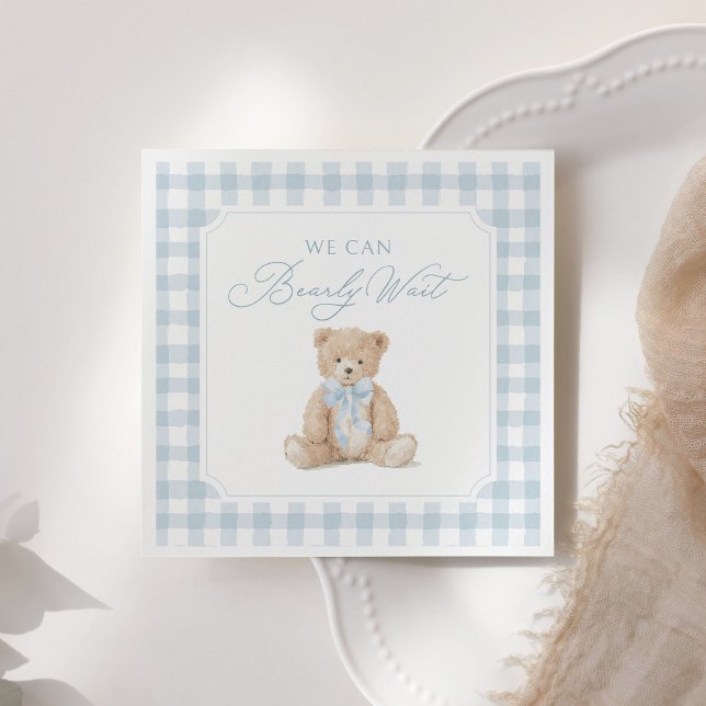 Blå Gingham Teddy Bear Baby Shower Pappersservett (Skapare uppladdad)
