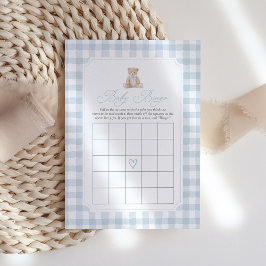 Blå Gingham Teddybjörn Baby Shower Bingo Kort
