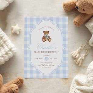 Blå Gingham Teddybjörn Beary Första Födelsedag Inbjudningar