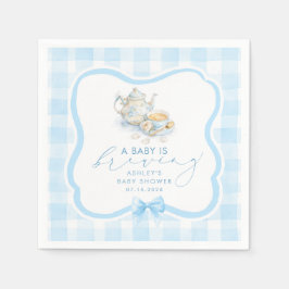 Blå Gingham Tekanne Pojke Baby Shower Pappersservett