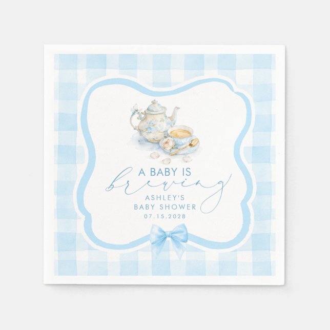 Blå Gingham Tekanne Pojke Baby Shower Pappersservett (Framsidan)