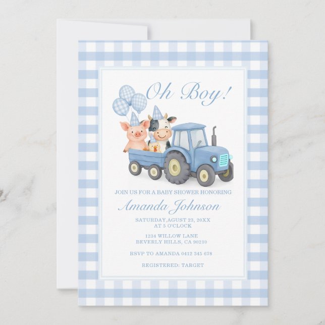 Blå Gingham Traktor Baby Shower Djur Inbjudningar (Framsida)