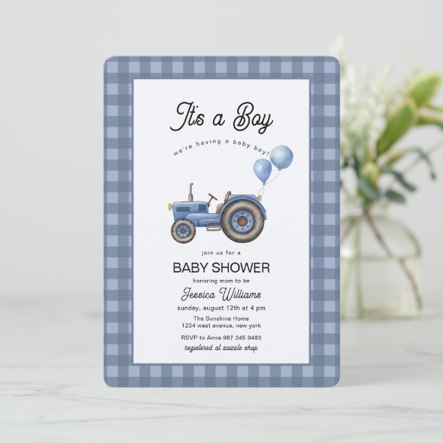 Blå Gingham Traktor Ballong Baby Shower Inbjudningar (Stående Fram)