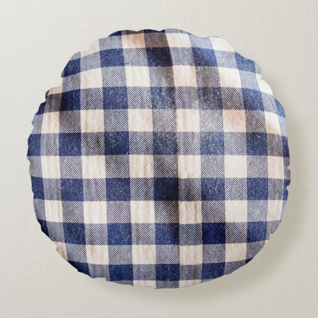 Blå gingham trasa closeup, skjortväv struktur  rund kudde (Framsidan)