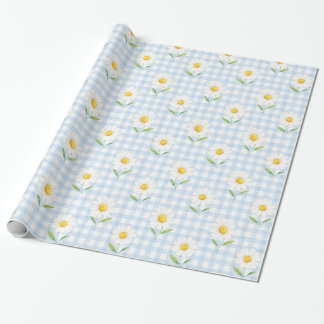 Blå Gingham Tusenskönor Vattenfärg Blommig Present Presentpapper