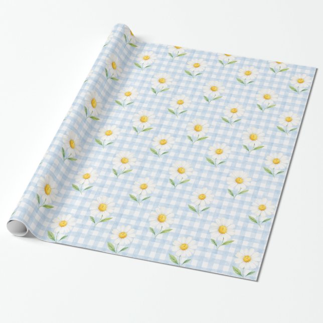 Blå Gingham Tusenskönor Vattenfärg Blommig Present Presentpapper (Utrullad)