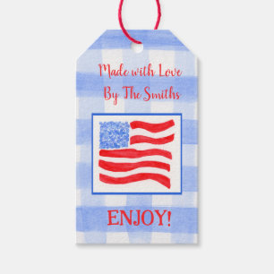Blå Gingham USA Flagga TILLVERKAD MED KÄRLEK röd Presentetikett