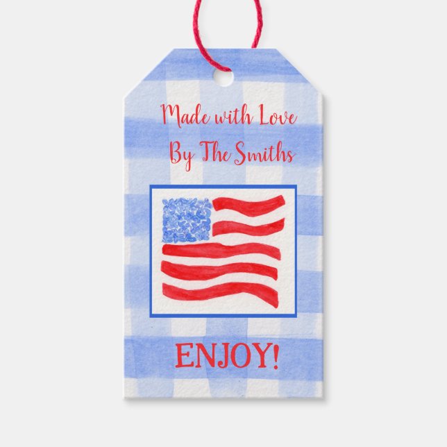 Blå Gingham USA Flagga TILLVERKAD MED KÄRLEK röd Presentetikett (Framsidan)
