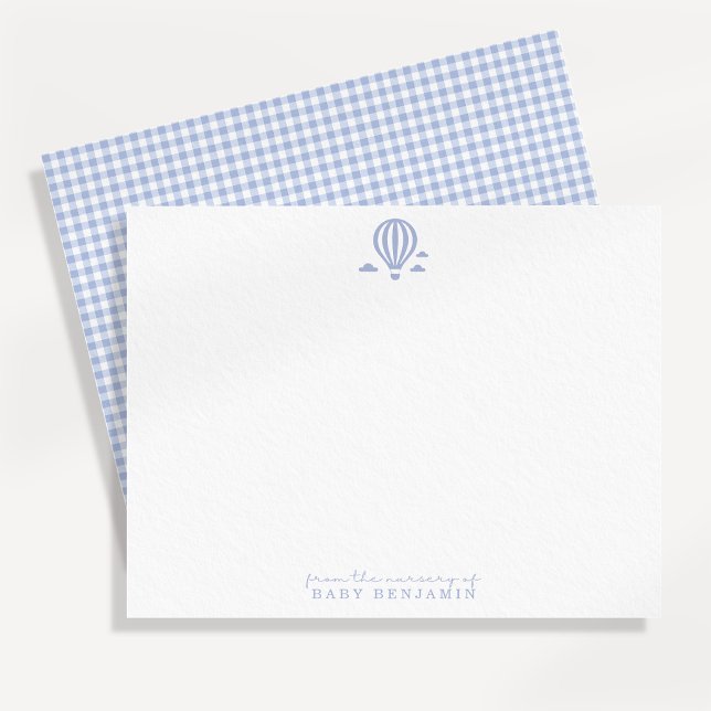 Blå Gingham Varm Luftballong Barnkammarbarnkort Inbjudningar (Skapare uppladdad)
