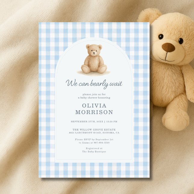 Blå Gingham Vi Kan Knappast Vänta Babyfirande Inbjudningar (Skapare uppladdad)