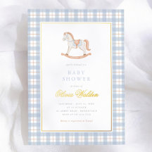 Blå Gingham Vintage Gunghäst Baby Shower