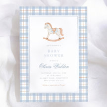 Blå Gingham Vintage Gunghäst Baby Shower