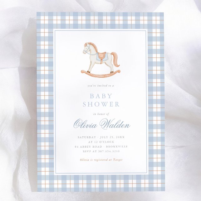 Blå Gingham Vintage Gunghäst Baby Shower Inbjudningar (Skapare uppladdad)