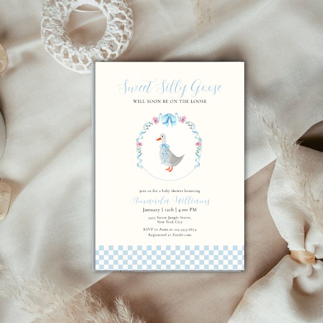 Blå Gingham Woodland Dumma Gås Bebis Badrum Inbjudningar (Blue Gingham Woodland Silly Goose Baby Shower Invitation)